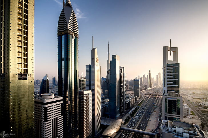 the city, home, the evening, Dubai, UAE, The motorway is named after Sheikh Zayed