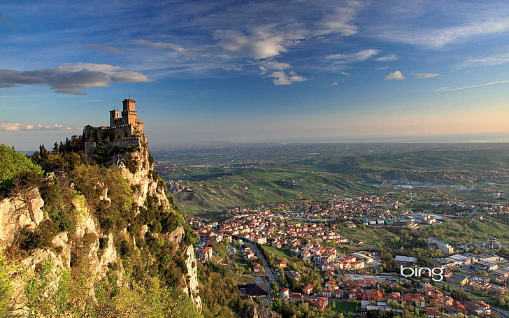 beige castle, panorama, San Marino, Tower Guaita, Borgo Maggiore