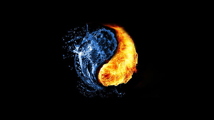 abstract, background, black, fire, water, yang, Ying, HD wallpaper