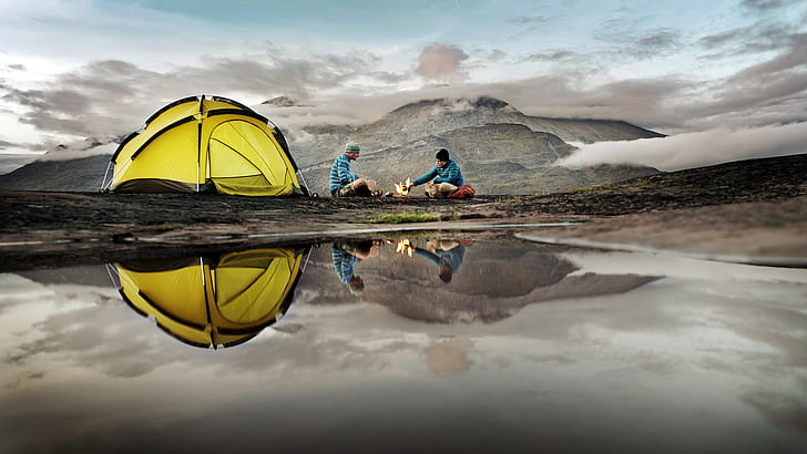 Tent Reflection Camp Camping HD, yellow and black outdoor tent, HD wallpaper