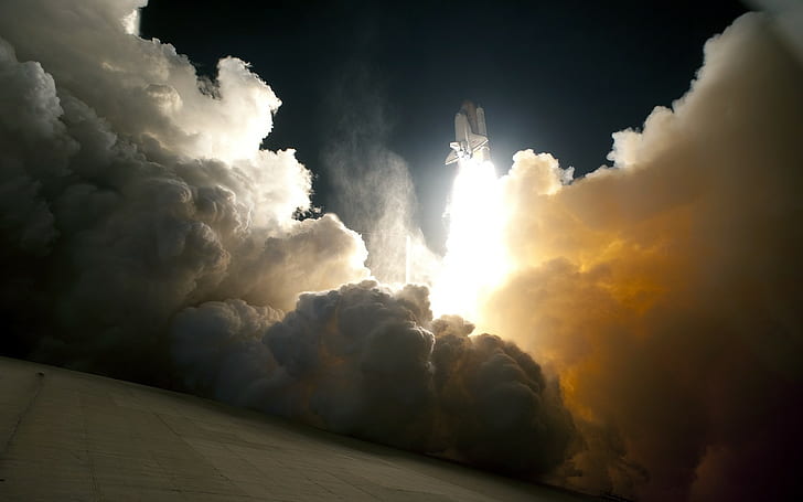 clouds, rocket, take-off, smoke, space shuttle, NASA, vehicle, HD wallpaper