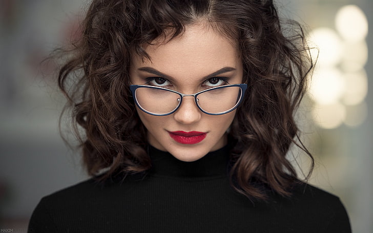 women, face, portrait, women with glasses, red lipstick, headshot, HD wallpaper