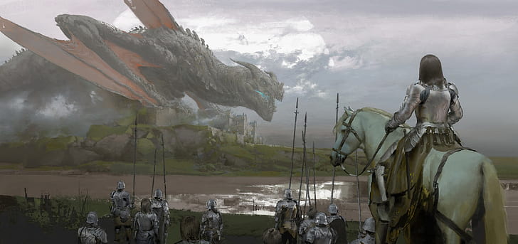artwork, army, medieval, soldier, horse, dragon, illustration