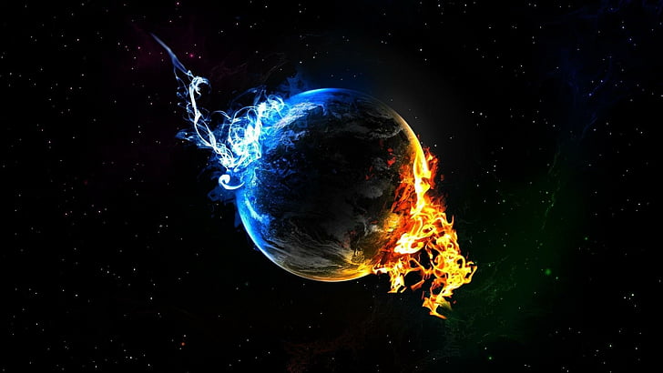 space art, fire, earth, flame, planet, universe, outer space, HD wallpaper