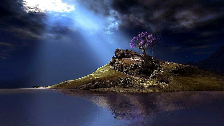 dreamy, moonlit, rock, sea, cloud, lone tree, lake, landscape