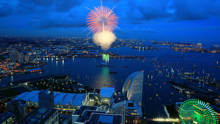 City night, fireworks, houses, lights, bay, Yokohama, Japan