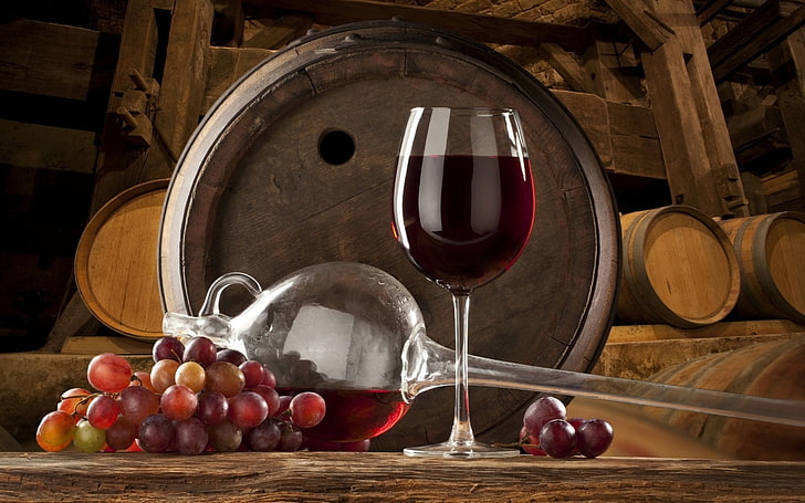 clear wine glass, grapes, food, alcohol, barrel, winery, drink