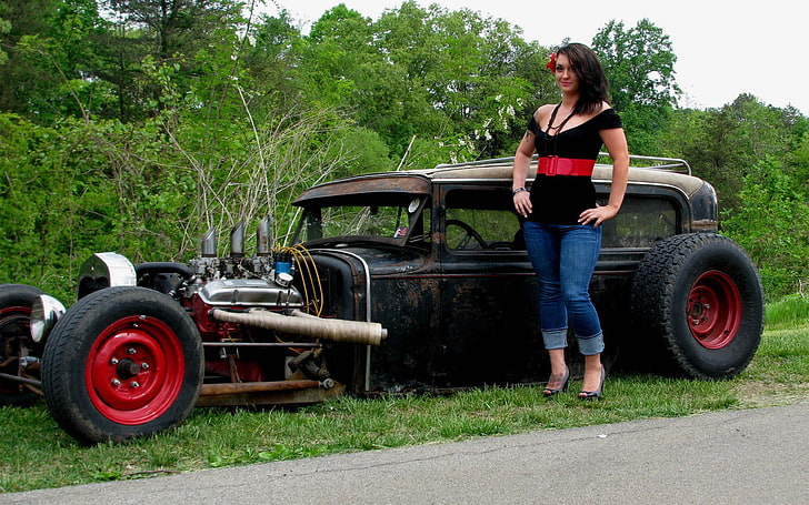 vintage black car, auto, girl, hot road, Ford Model A Sedan 1930 Rat Rod (Carl's Custom Cars)
