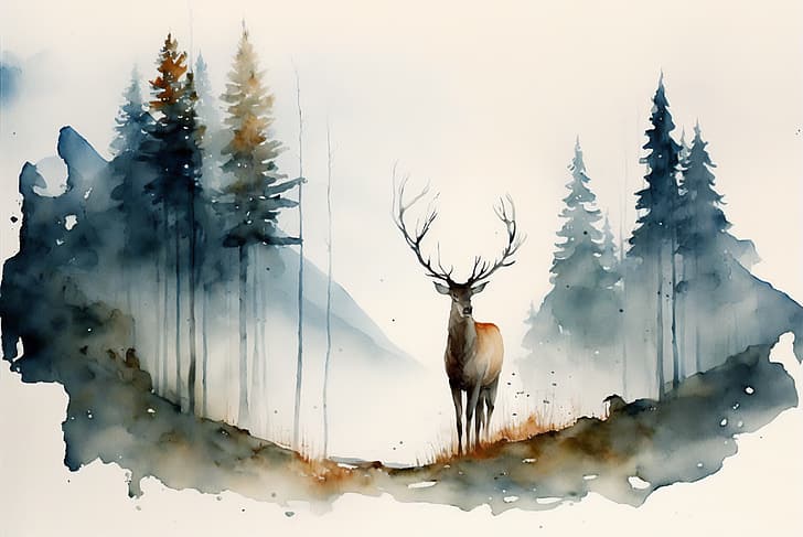 HD wallpaper: AI art, painting, deer, watercolor, trees | Wallpaper Flare