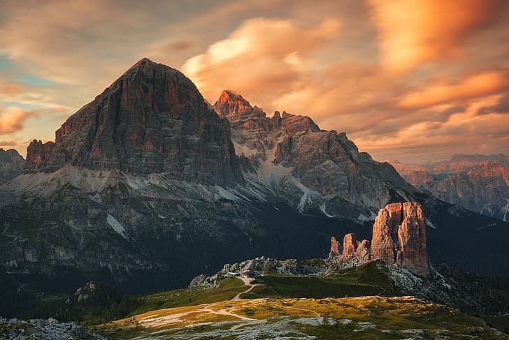 clouds, landscape, sunset, mountains, nature, Italy, The Dolomites, HD wallpaper