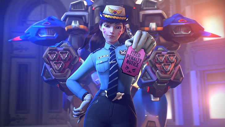 woman wearing sheriff uniform anime character, Officer DVa, Overwatch, HD wallpaper