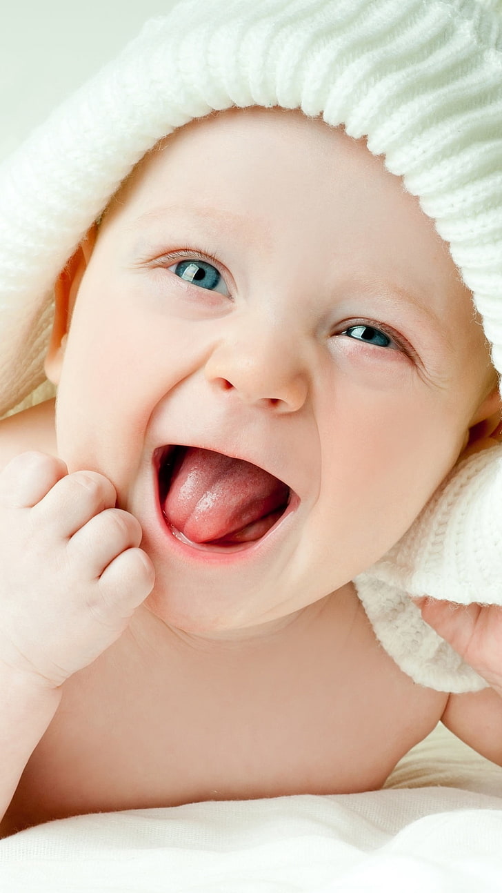 Sweet Newborn Kid, white blanket, Baby, young, child, mouth open