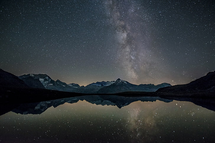 mountain photo, nature, water, stars, snow, astronomy, star - space