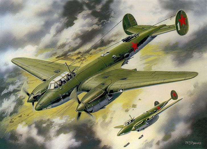green monoplane illustration, the sky, figure, art, bombers, PE-2, HD wallpaper