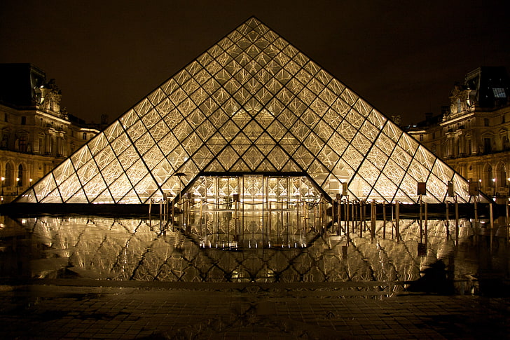 Paris, pyramid, Louvre, architecture, building exterior, night, HD wallpaper