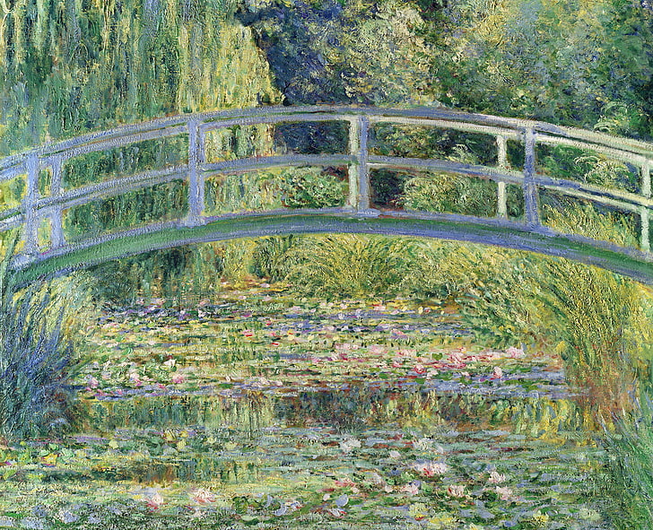trees, landscape, pond, Lily, picture, Claude Monet, Japanese Bridge, HD wallpaper
