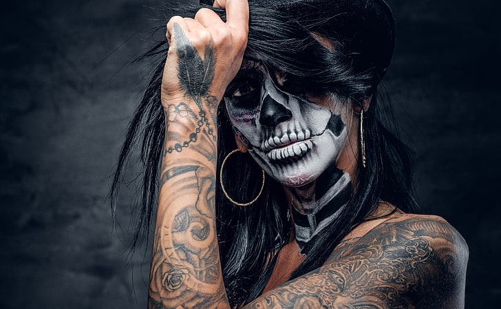 tattoo, face, makeup, model, Dia de los Muertos, women