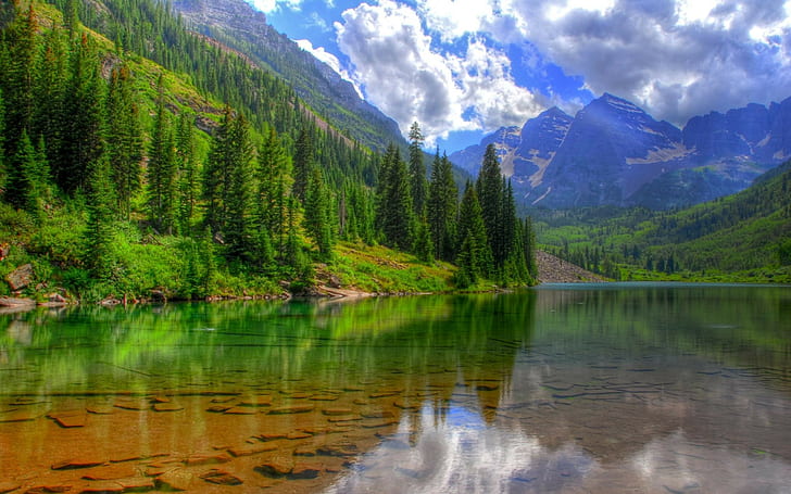 Nature Landscape Clear Lake Water Green Pine Forest, Rocky Mountains, Clouds In The Sky Maroon Bells Colorado 2560×1600