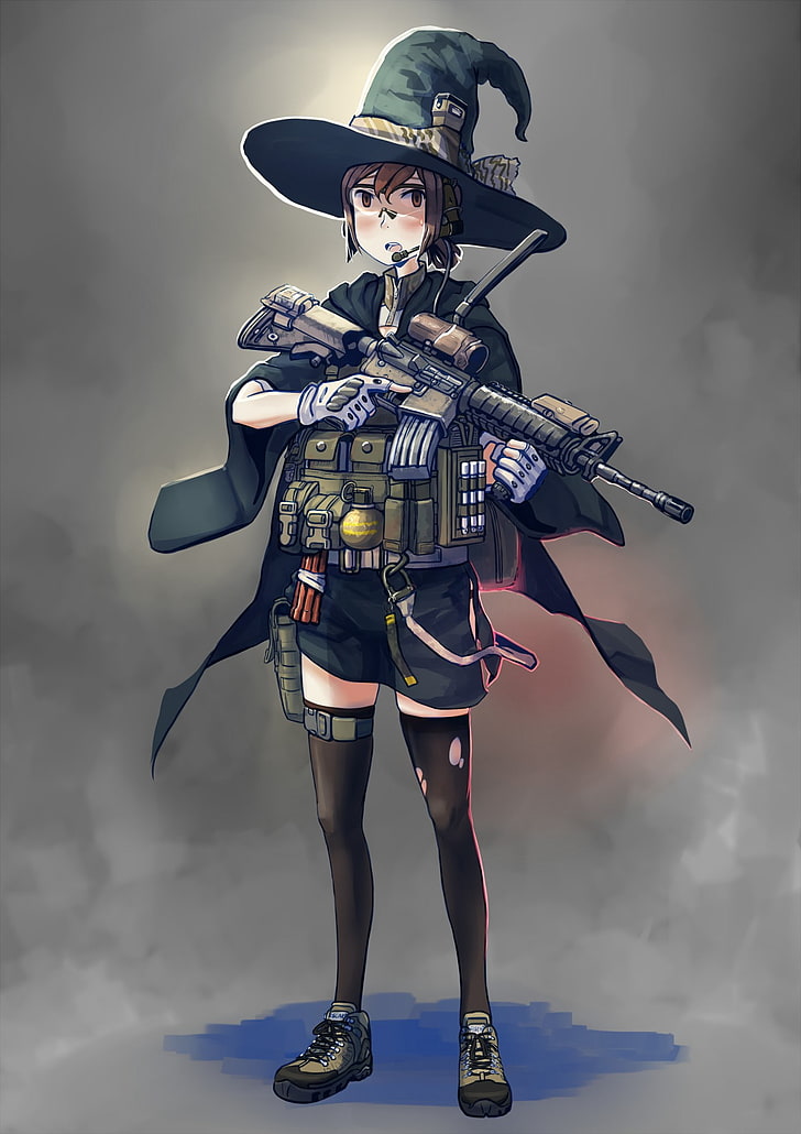 anime, anime girls, hat, weapon, gun, military, one person, HD wallpaper