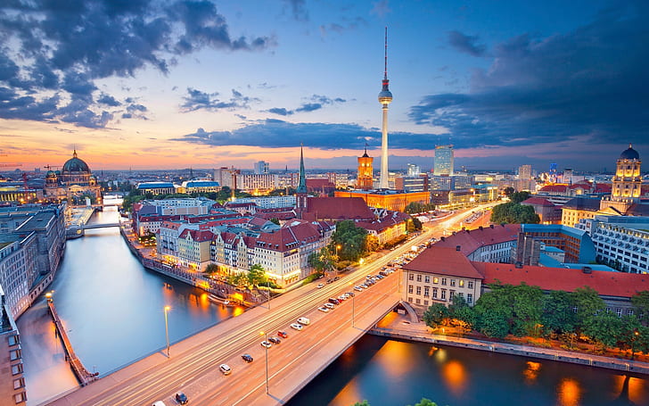 Berlin, Germany, city, night, lights, river, tower, houses
