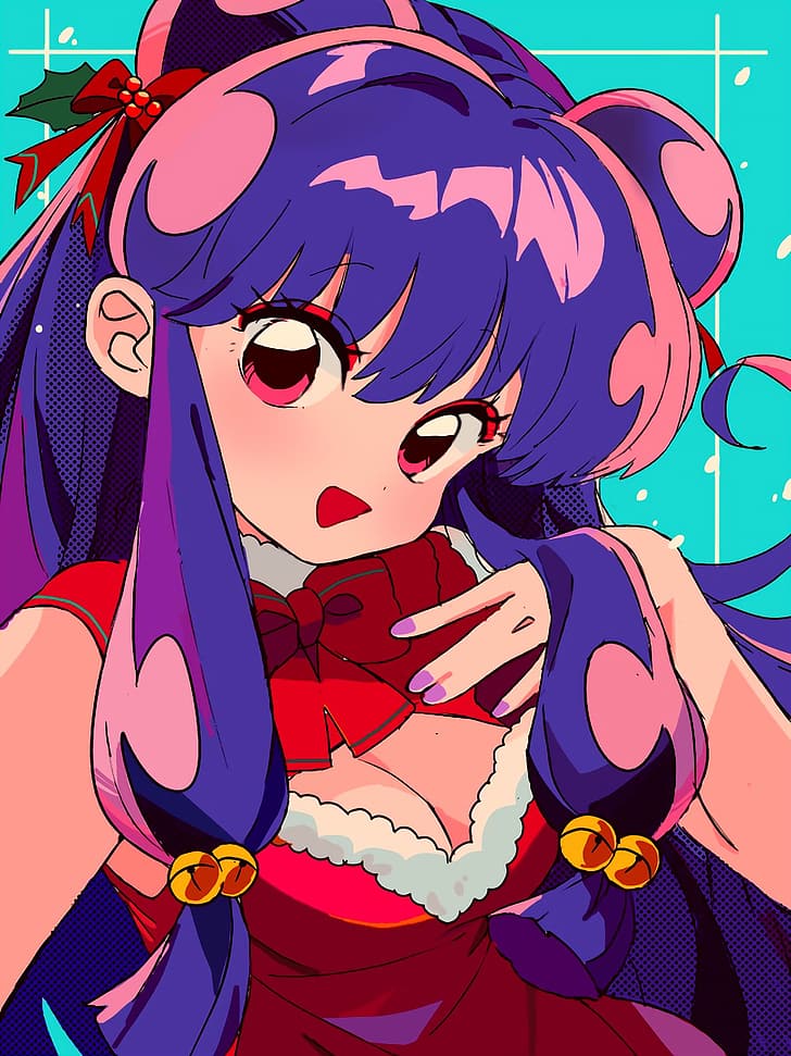 Shampoo, Ranma ½, anime girls, purple hair, Christmas clothes
