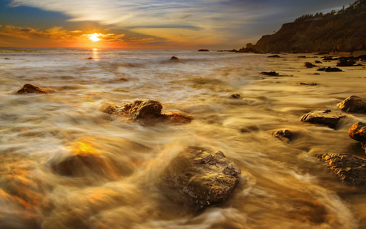 Rocks Stones Sunset Ocean Beach Sunlight HD, nature, HD wallpaper