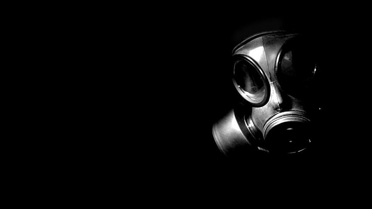 gas masks, creepy, minimalism, black background, copy space, HD wallpaper