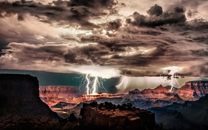 grand canyon lightning storm clouds night cliff erosion nature landscape, HD wallpaper