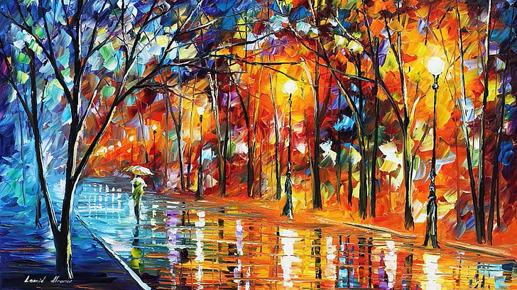 singed park with lights painting, Leonid Afremov, autumn, no people