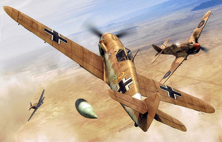 Messerschmitt, art, Curtiss, RAF, Air force, Fighter, Dogfight, HD wallpaper