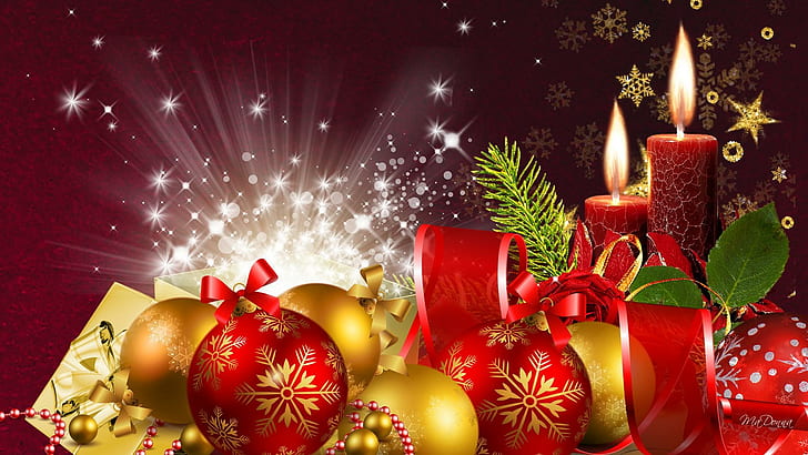 Red Christmas Bright, decorations, ribbon, snowflakes, stars, HD wallpaper