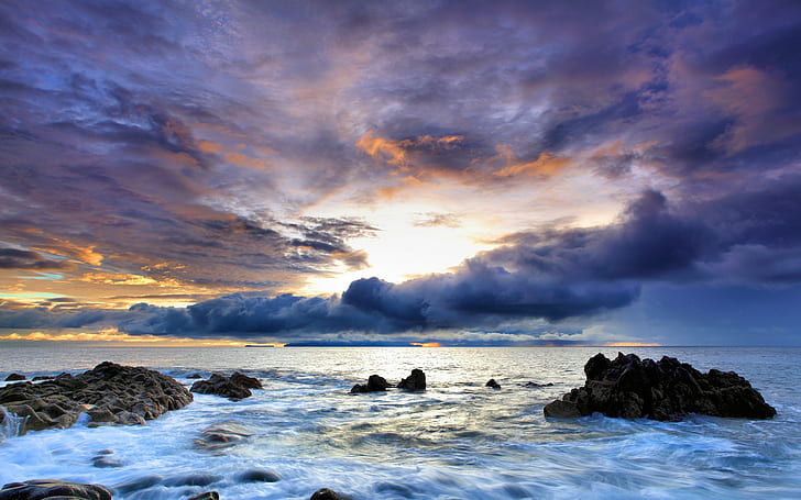 nature, sea, clouds, rock, sunset, coast, sky, cyan, blue, HD wallpaper