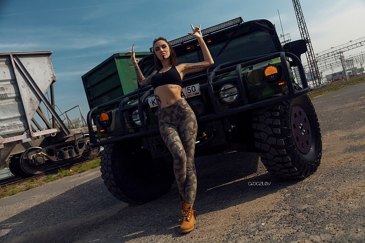 women's grey tights, Katerina Kas, model, women with cars, women outdoors, HD wallpaper