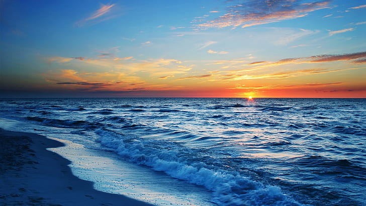 Sunset sea beach, waves, blue, orange sky