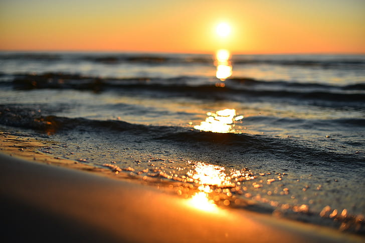 sea, Sun, beach, water, bokeh, depth of field, nature, reflection, HD wallpaper