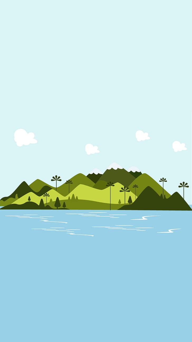 island illustration, material minimal, artwork, sea, nature, sky, HD wallpaper