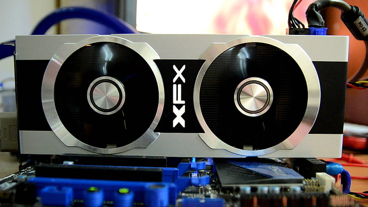 silver and black XFX speaker, video card, computer, hardware, HD wallpaper