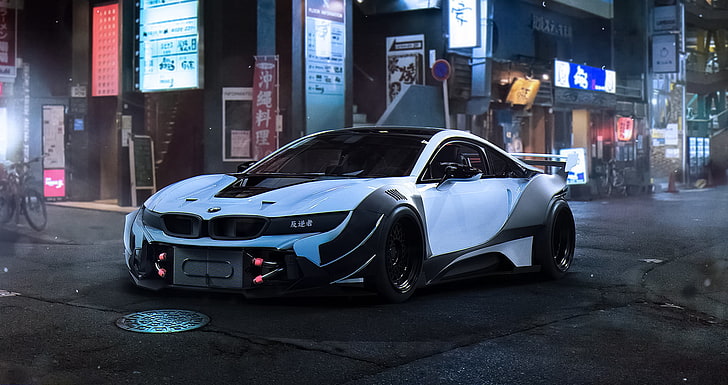 Hd Wallpaper White And Blue Bmw I8 Coupe City Car Race Night Tuning Future Wallpaper Flare