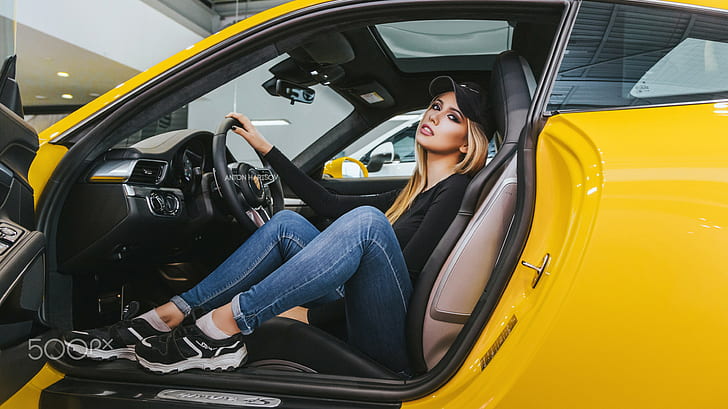 Fotoshi Toshi, women, jeans, sneakers, women with cars, blonde
