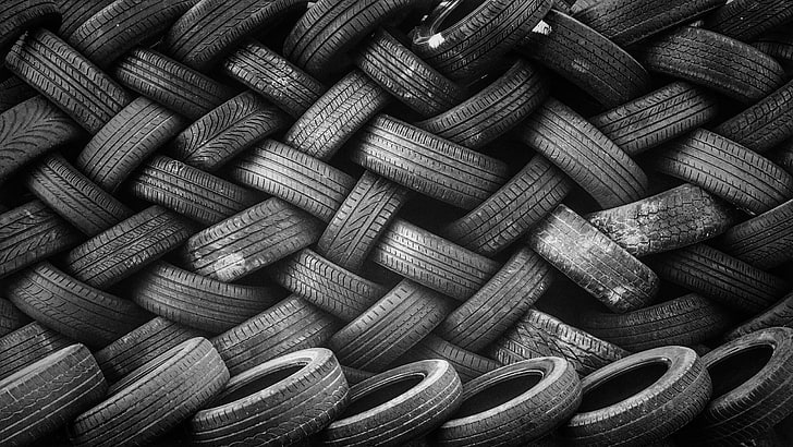 vehicle tire lot, tires, monochrome, wall, pattern, texture, full frame, HD wallpaper