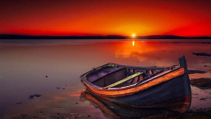 boat, sunset, lake, horizon, calm, red sky, red sunset, afterglow, HD wallpaper