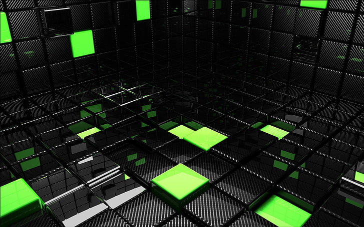 black and green cube wallpaper, abstract, CGI, render, digital art