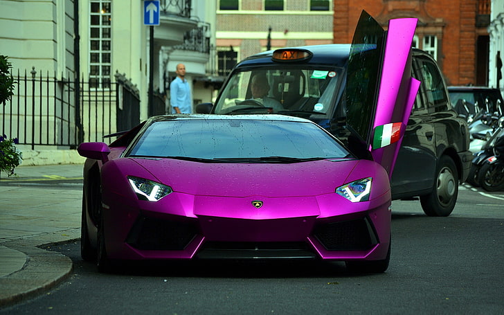 purple Lamborghini Aventador with door opened, car, supercars, HD wallpaper