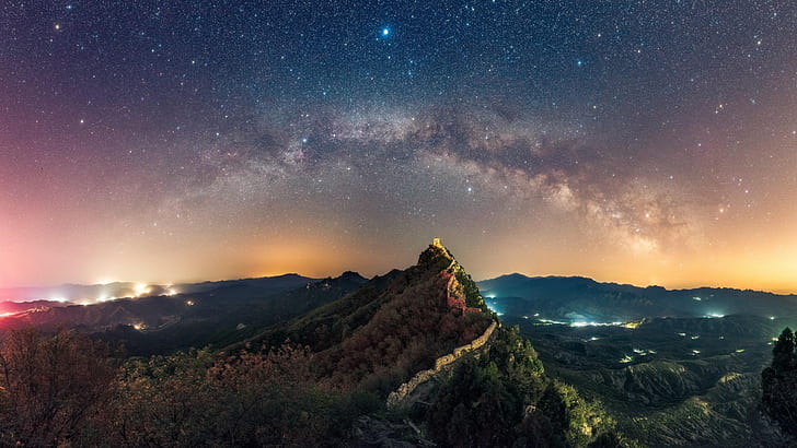 Great Wall of China, night sky, stars, landscape, mountains