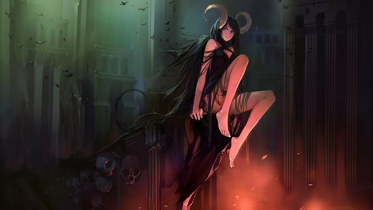 female character illustration, horns, demon, demon girls, succubus