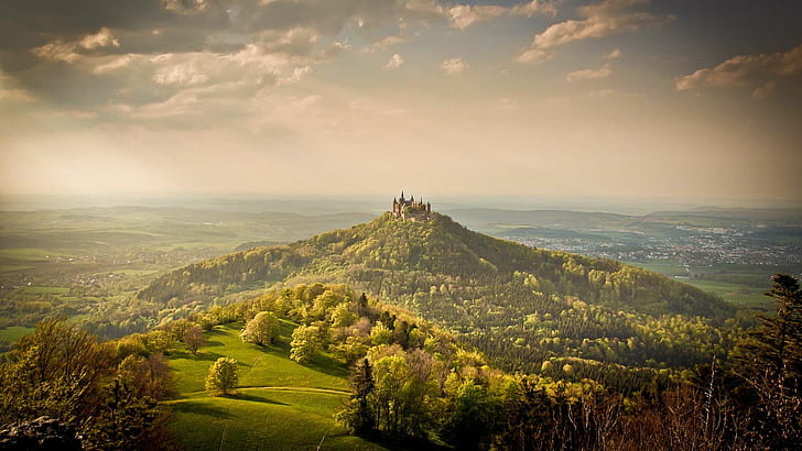 Schloss Hohenzollern HD, area view of mountain and castle, clouds, HD wallpaper