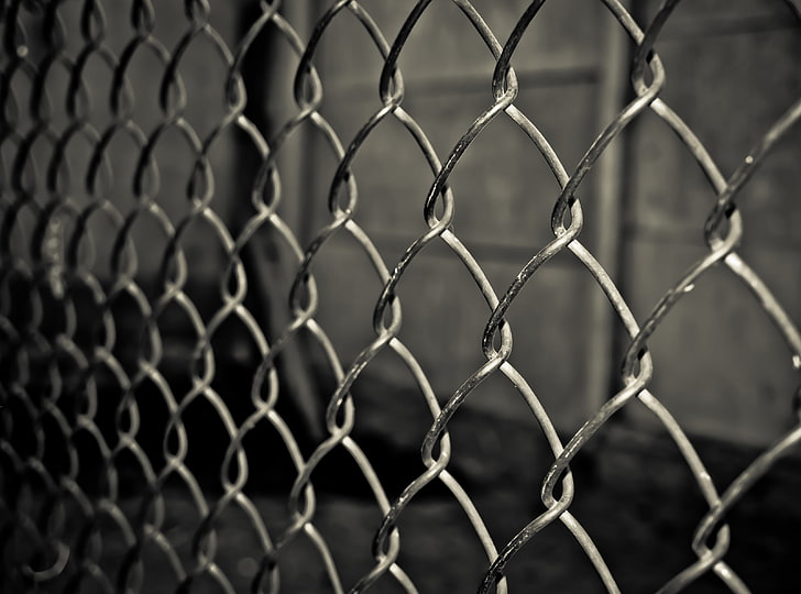 Grid Fence, gray metal chain link fence, Black and White, no people