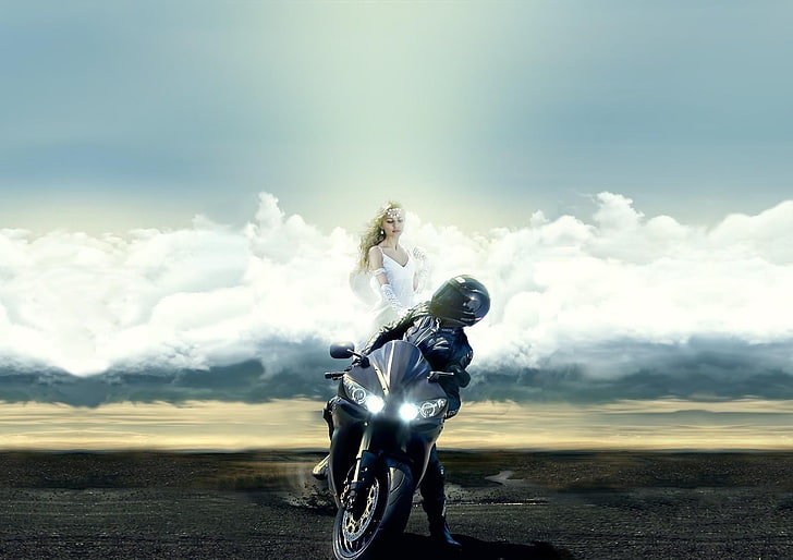 black sports motorcycle, motorcyclist, guardian angel, clouds, HD wallpaper