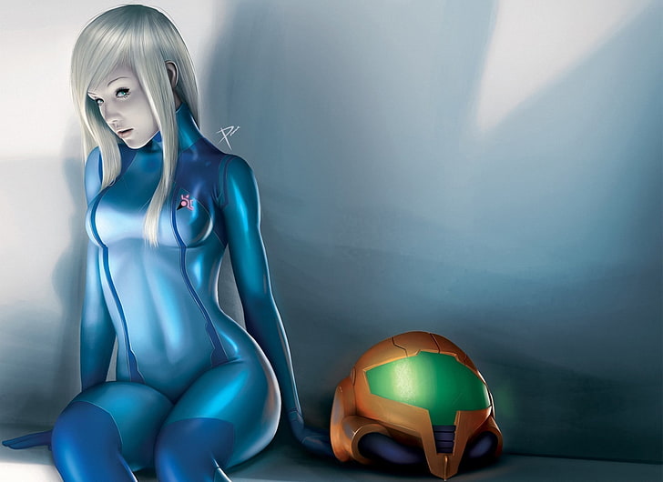 woman sitting near helmet character illustration, Metroid, Samus Aran