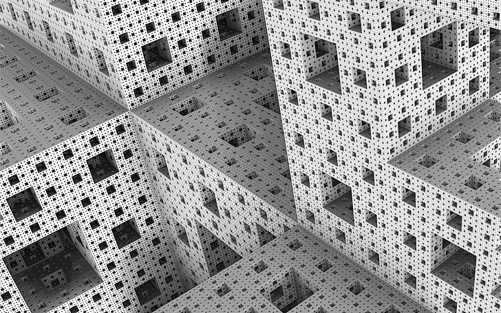 3d Menger Sponge, gray building illustration, white tigers, built structure, HD wallpaper
